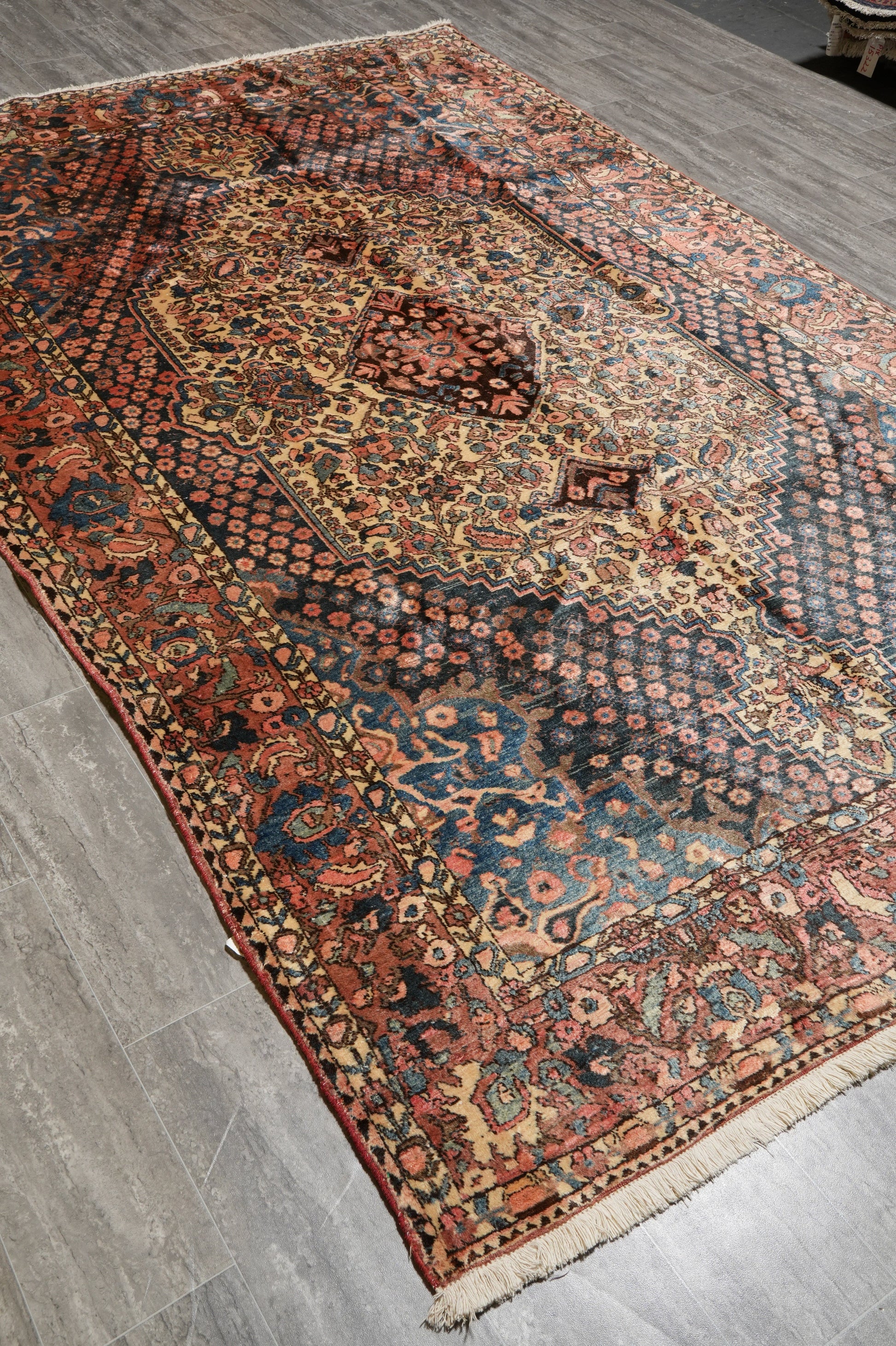 Bakhtiar-pattern garden rug, partial overhead view in natural light