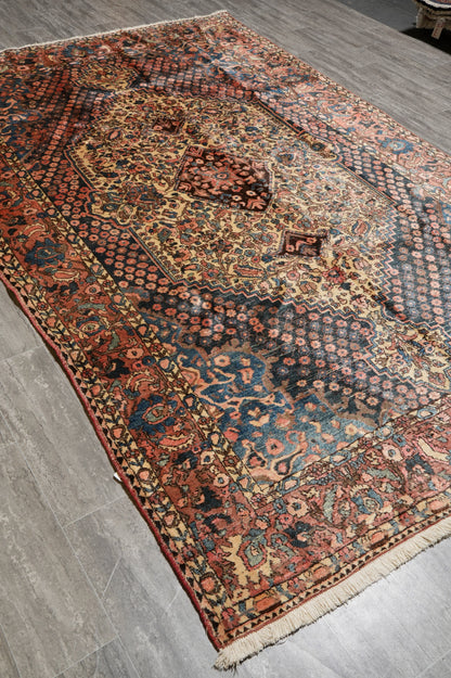 Bakhtiar-pattern garden rug, partial overhead view in natural light