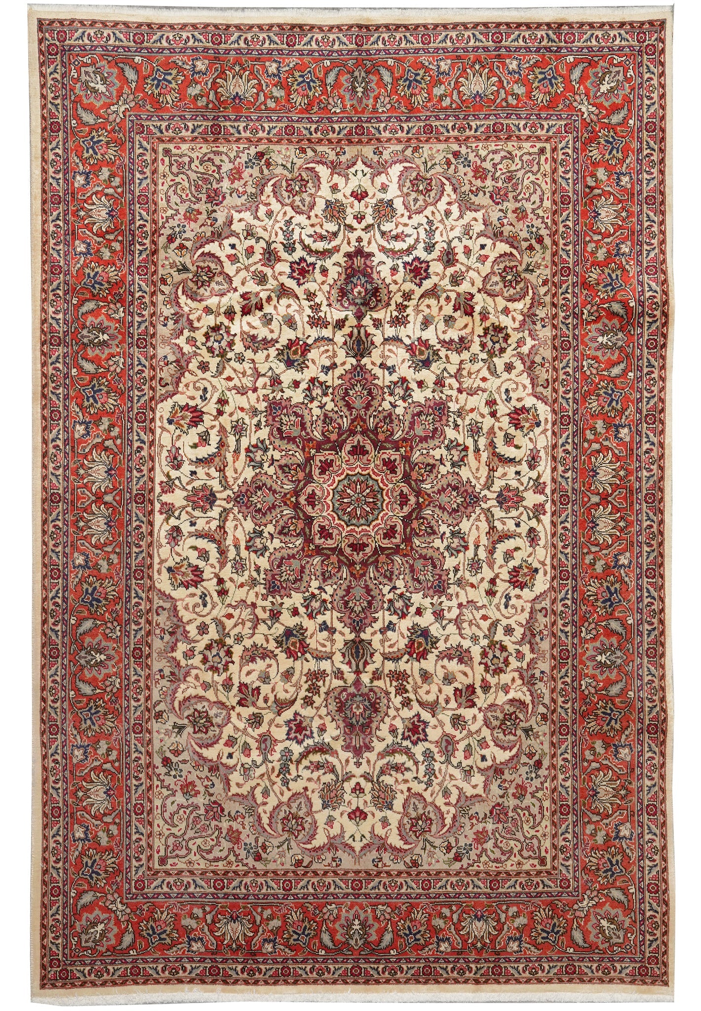 6.8 x 10 pre-owned Esfahan-style hand-knotted wool rug in multi-color, top view