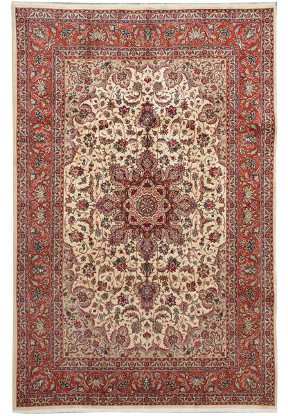 6.8 x 10 pre-owned Esfahan-style hand-knotted wool rug in multi-color, top view