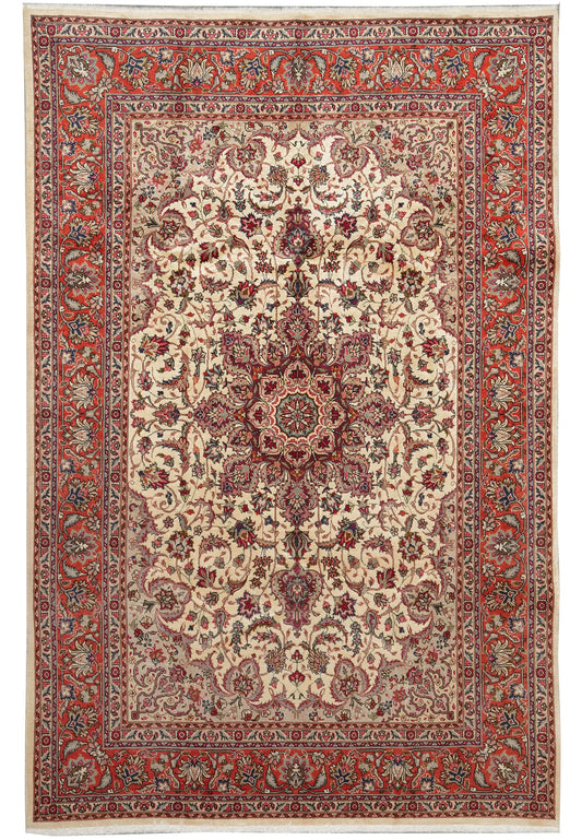 6.8 x 10 pre-owned Esfahan-style hand-knotted wool rug in multi-color, top view
