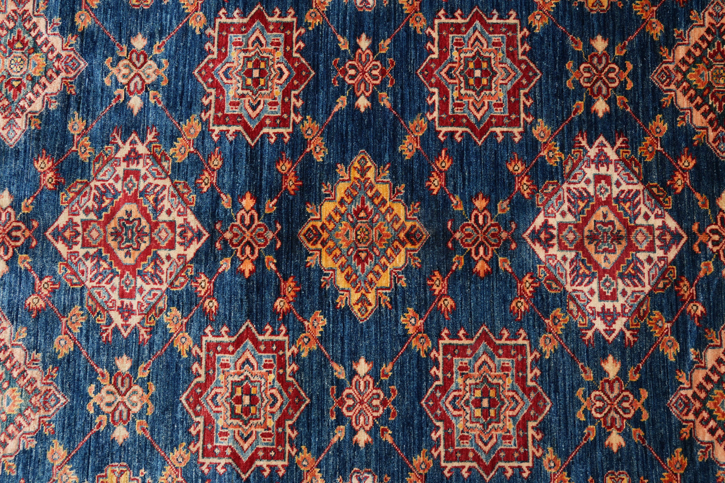 Silky navy Super Kazak rug, pile texture showing silky wool finish