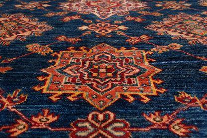 Silky navy Super Kazak rug, edge and selvedge close-up
