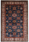 6.8 x 9.7 silky wool Super Kazak hand-knotted rug in navy blue, top view
