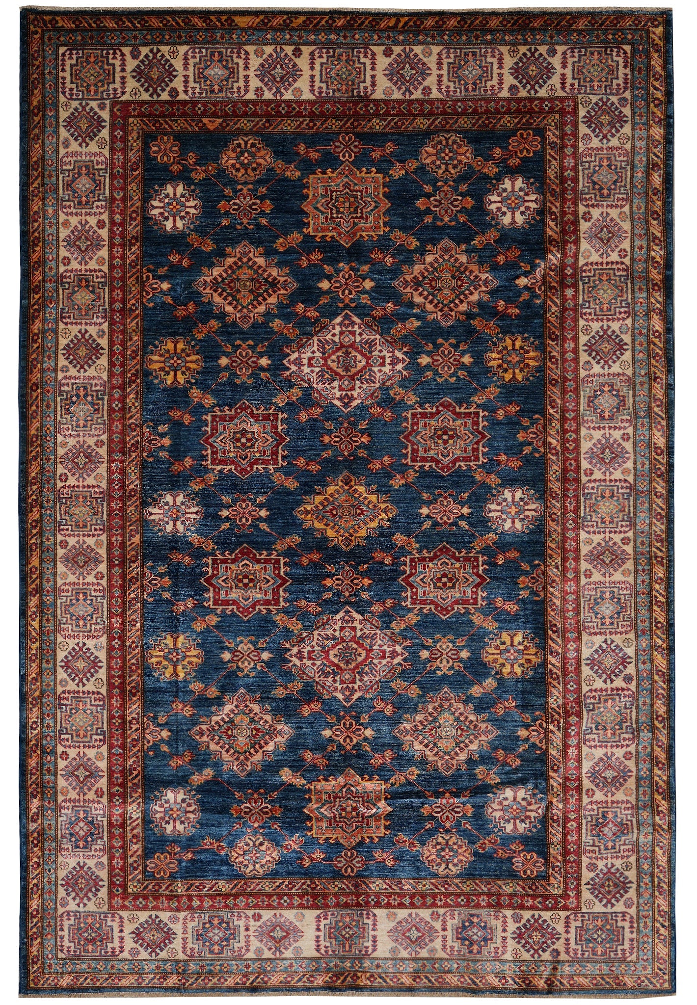 6.8 x 9.7 silky wool Super Kazak hand-knotted rug in navy blue, top view