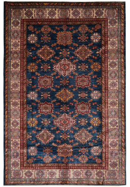 6.8 x 9.7 silky wool Super Kazak hand-knotted rug in navy blue, top view