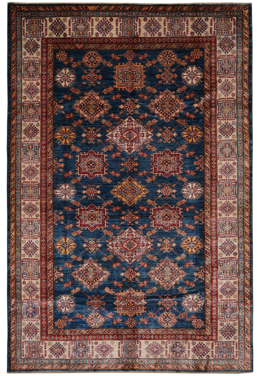 6.8 x 9.7 silky wool Super Kazak hand-knotted rug in navy blue, top view