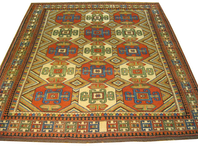 6 x 7 Afghan Chechen Kazak hand-knotted wool rug in multi-color, top view