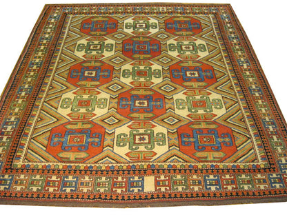 6 x 7 Afghan Chechen Kazak hand-knotted wool rug in multi-color, top view