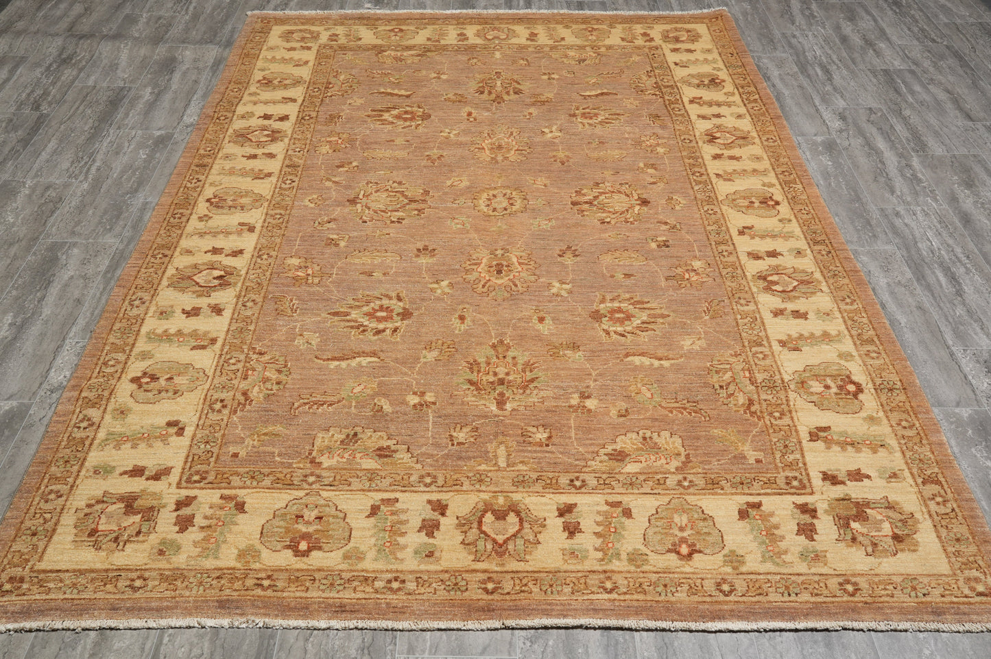 Chobi Peshawar tan rug, ivory border close-up