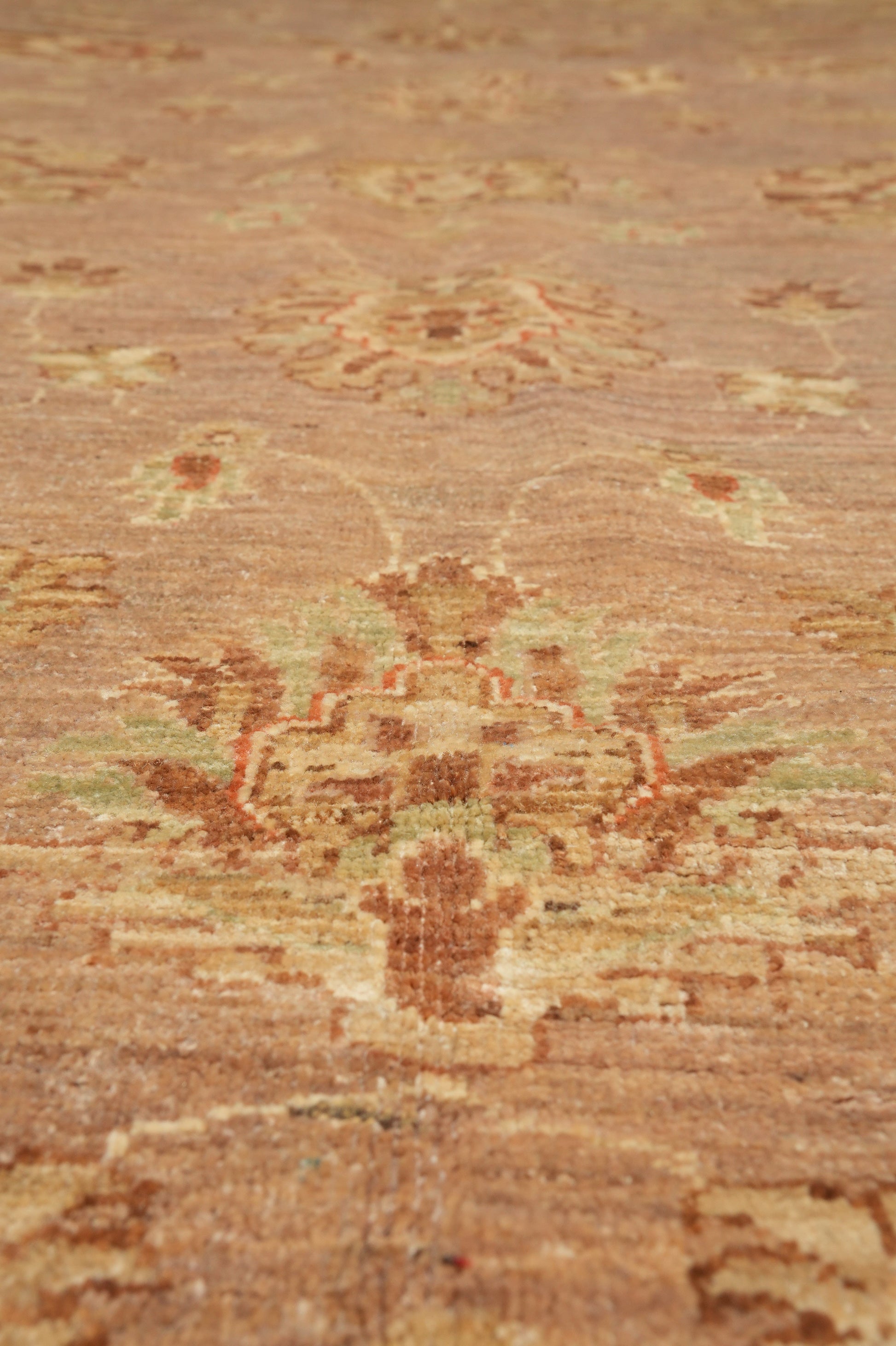 Chobi Peshawar tan rug, color balance close-up showing tan and chocolate