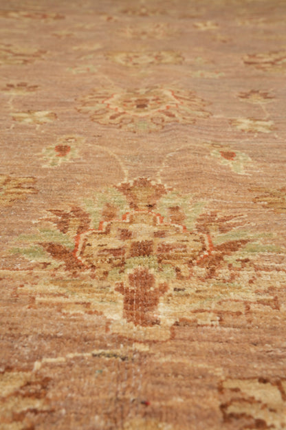 Chobi Peshawar tan rug, color balance close-up showing tan and chocolate