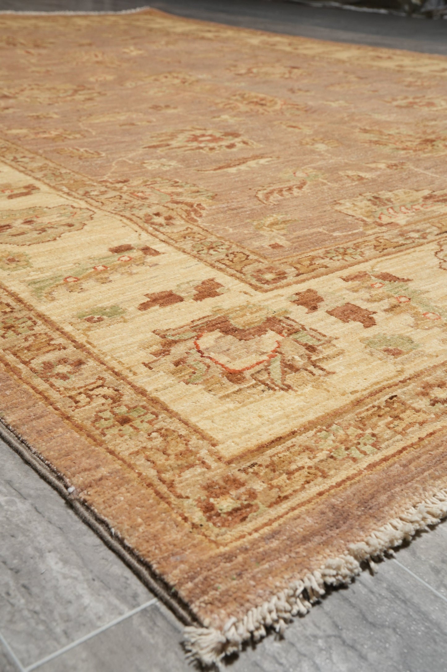 Chobi Peshawar tan rug, pile texture showing vegetal-dyed wool
