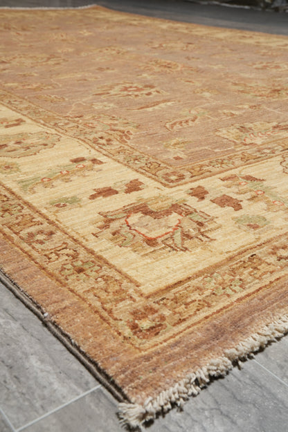 Chobi Peshawar tan rug, pile texture showing vegetal-dyed wool