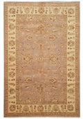 6 x 8.1 Chobi Peshawar hand-knotted wool rug in tan and brown, top view