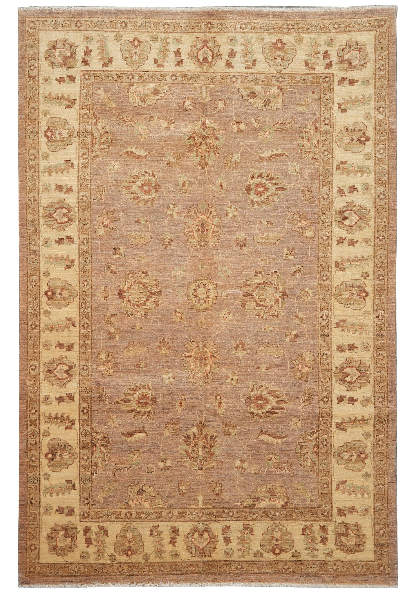 6 x 8.1 Chobi Peshawar hand-knotted wool rug in tan and brown, top view