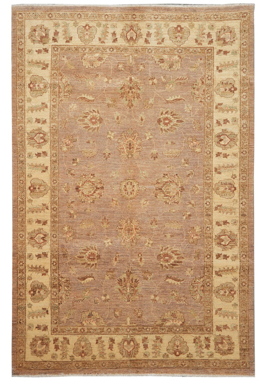 6 x 8.1 Chobi Peshawar hand-knotted wool rug in tan and brown, top view