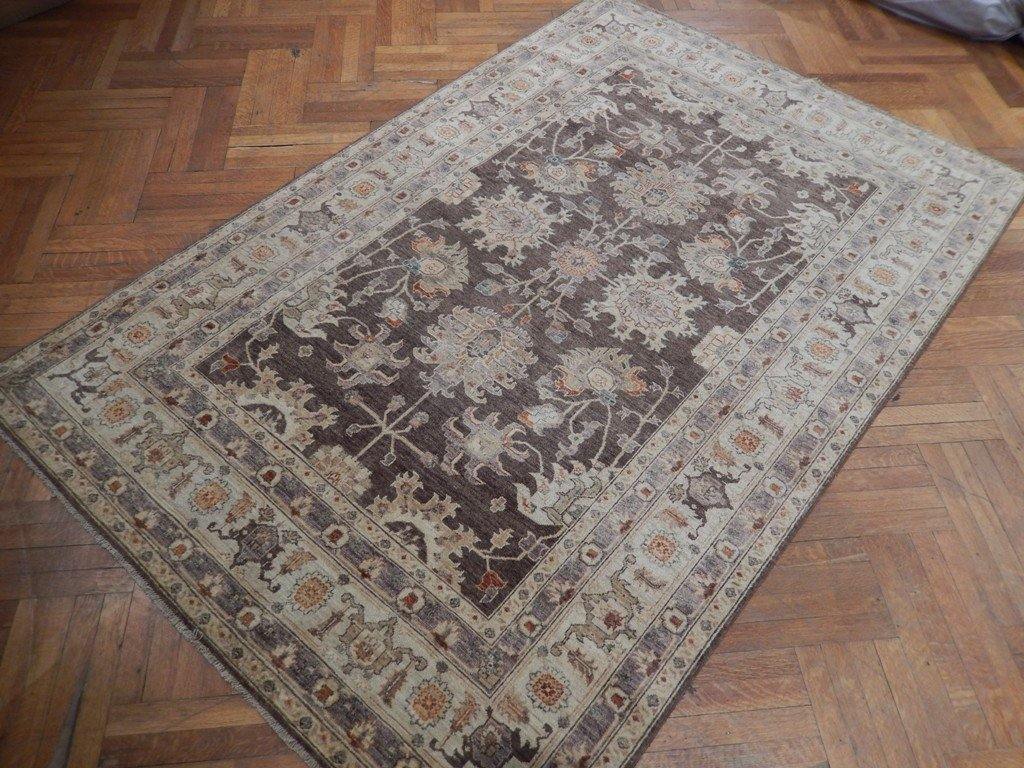 Chobi Peshawar rug, soft border pattern in rust and sage