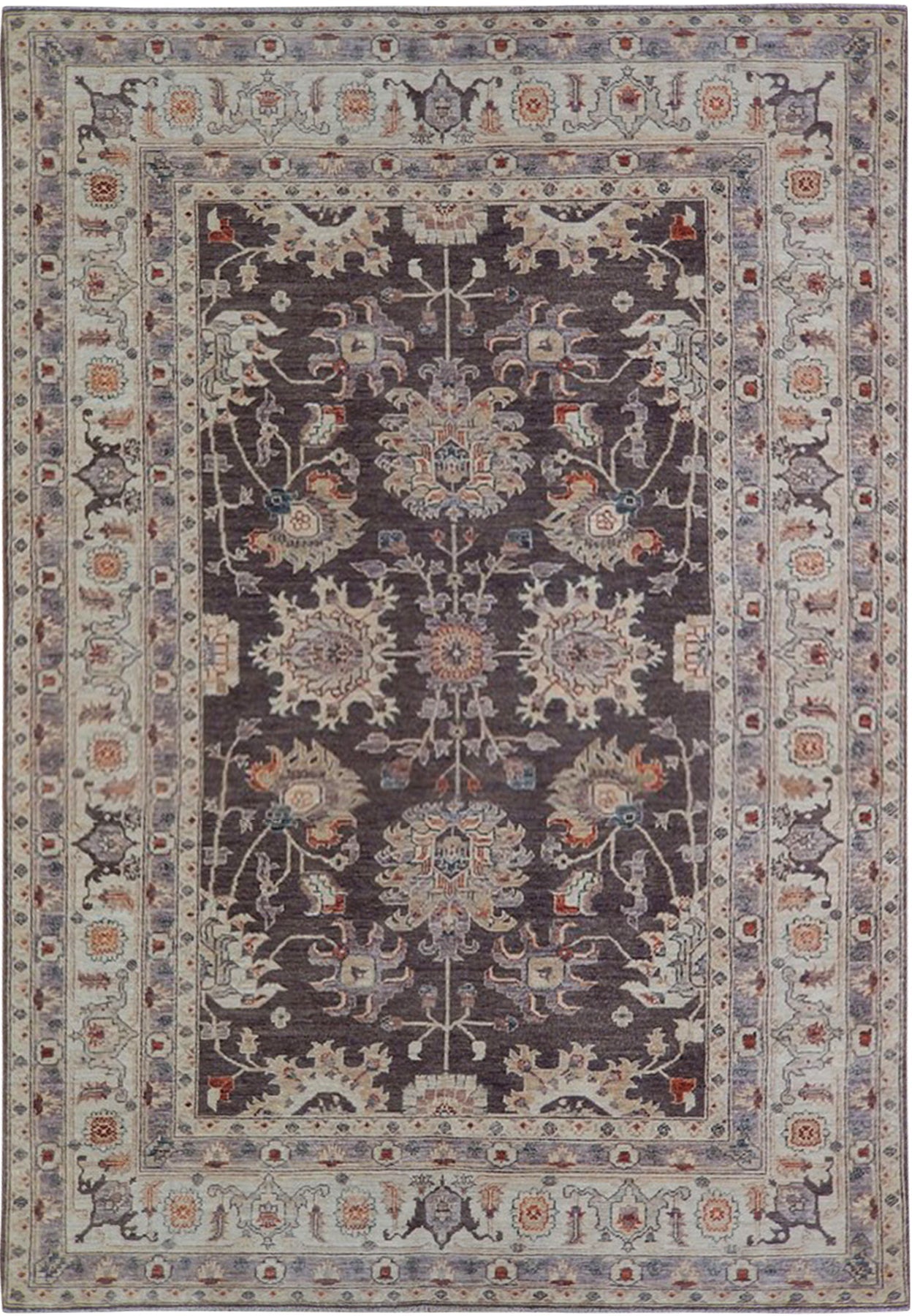 6 x 9 Chobi Peshawar hand-knotted wool rug in earth tones, top view
