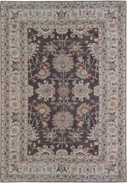 6 x 9 Chobi Peshawar hand-knotted wool rug in earth tones, top view
