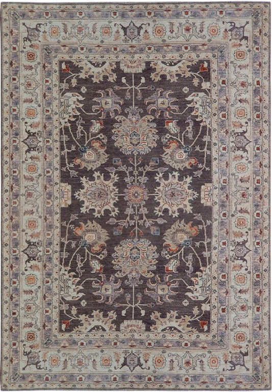 6 x 9 Chobi Peshawar hand-knotted wool rug in earth tones, top view