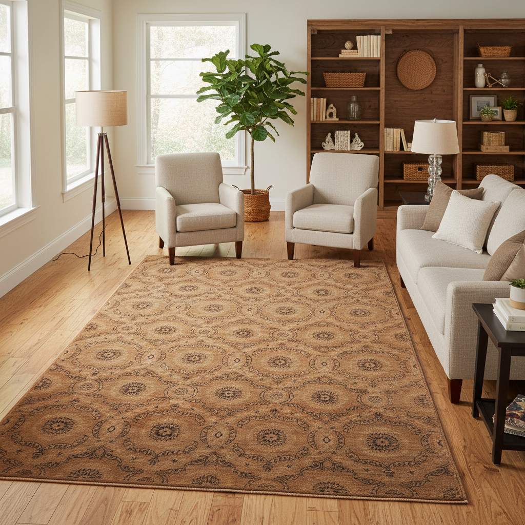 Transitional Chobi rug, central motif close-up showing rust and brown