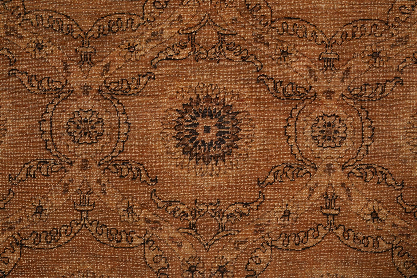Transitional Chobi rug, color balance close-up between rust and brown