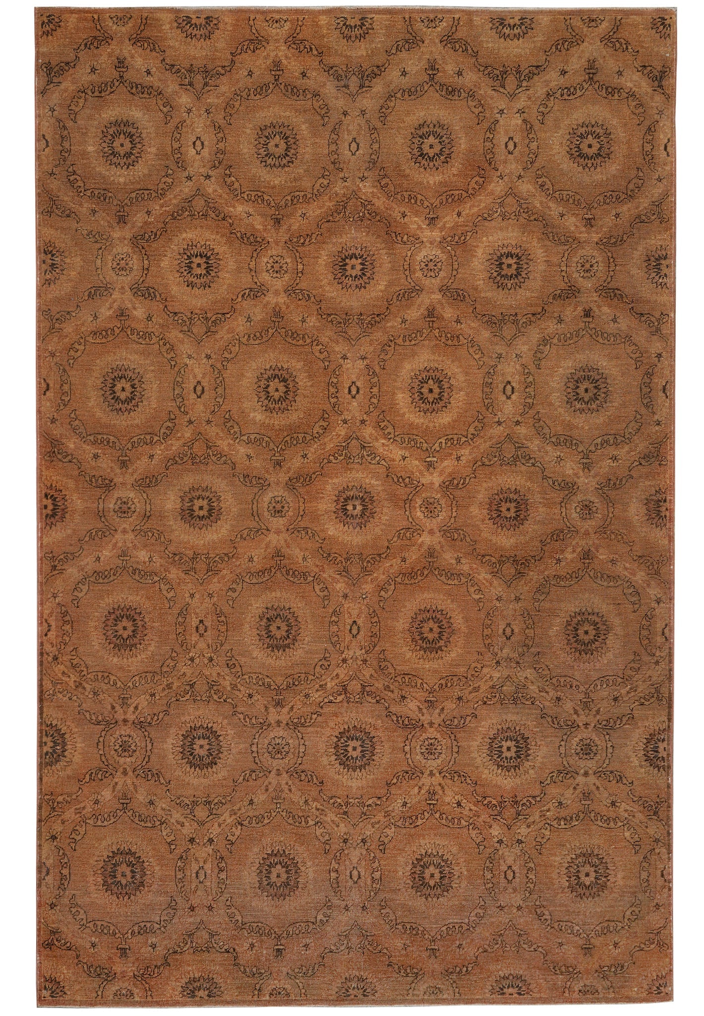 6 x 9 transitional Chobi hand-knotted wool rug in rust, brown, and black, top view