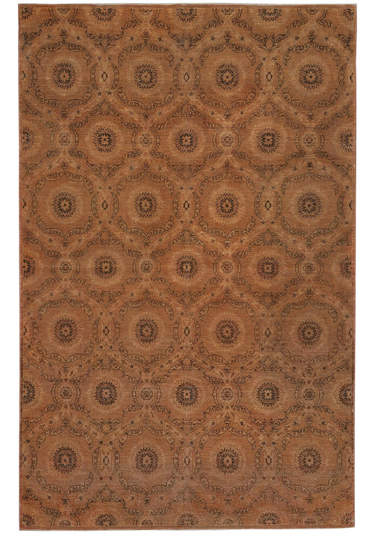 6 x 9 transitional Chobi hand-knotted wool rug in rust, brown, and black, top view