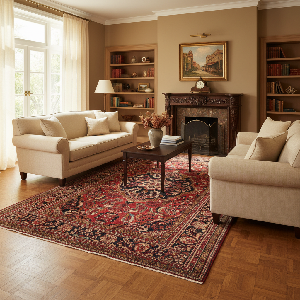 Semi-antique traditional floral rug, central medallion close-up