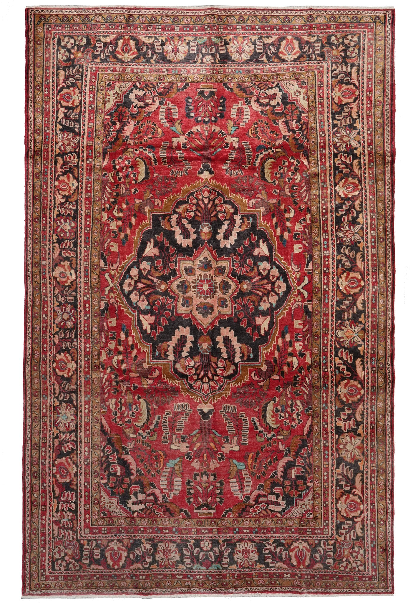 7.5 x 11.3 semi-antique traditional floral hand-knotted wool rug in red, top view