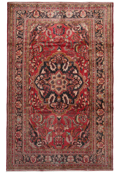 7.5 x 11.3 semi-antique traditional floral hand-knotted wool rug in red, top view