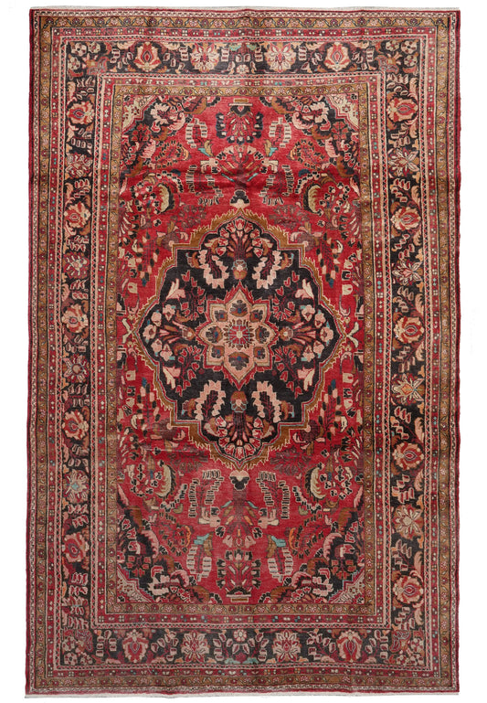 7.5 x 11.3 semi-antique traditional floral hand-knotted wool rug in red, top view