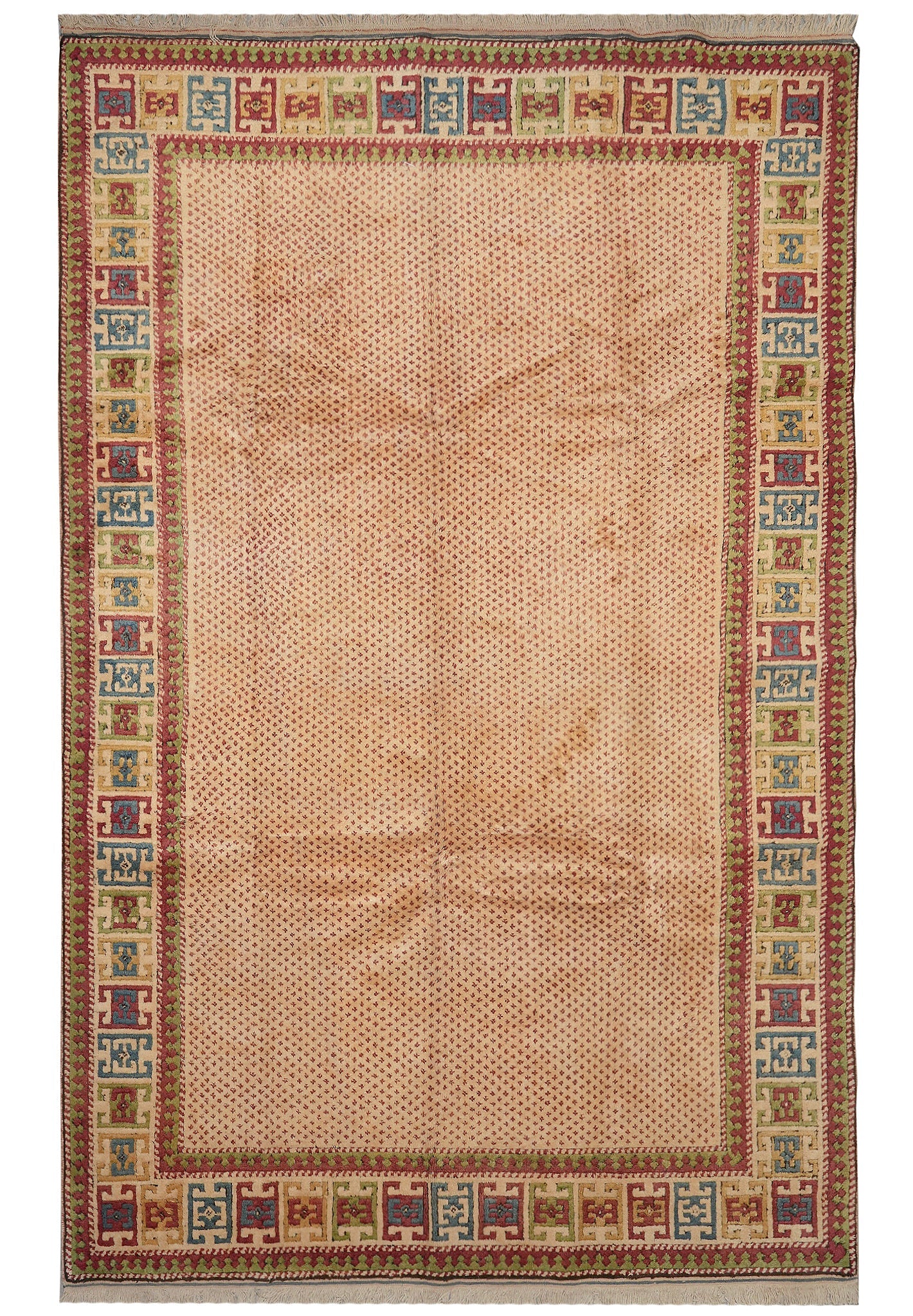 7.8 x 11.7 Kurdish-tribal Saraband-pattern hand-knotted wool rug in multi-color, top view