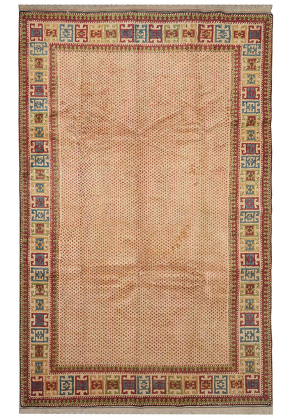 7.8 x 11.7 Kurdish-tribal Saraband-pattern hand-knotted wool rug in multi-color, top view