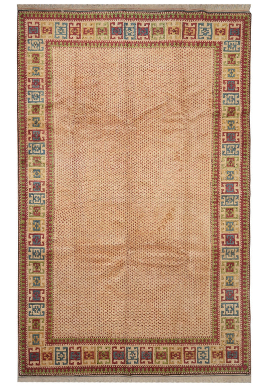 7.8 x 11.7 Kurdish-tribal Saraband-pattern hand-knotted wool rug in multi-color, top view