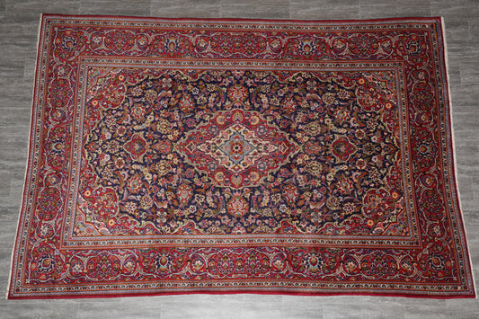 Kashan-style navy rug, alternate top view showing the medallion in proportion