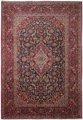 7.9 x 11.2 Kashan-style hand-knotted wool rug in navy blue with ivory medallion, top view