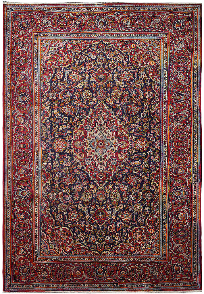 7.9 x 11.2 Kashan-style hand-knotted wool rug in navy blue with ivory medallion, top view