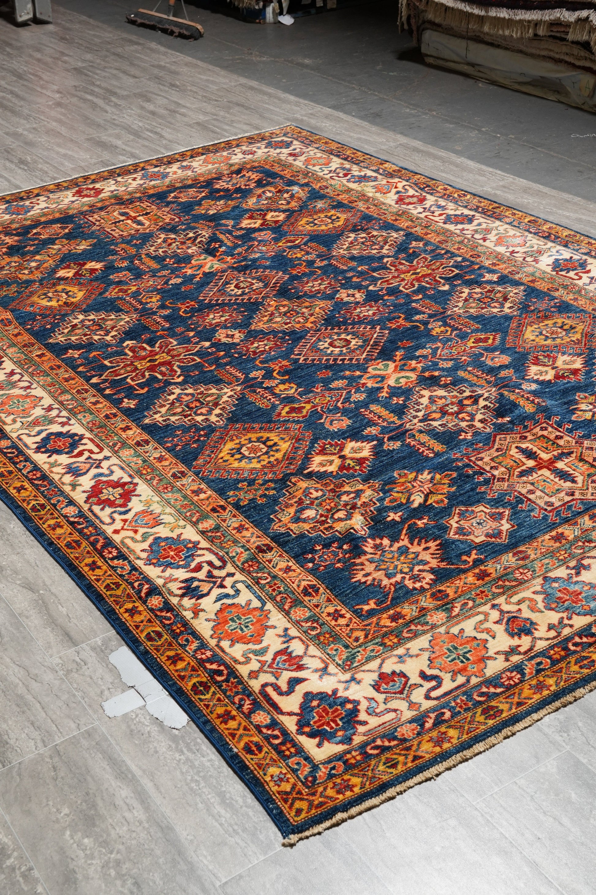 Royal blue Super Kazak rug, secondary medallion close-up