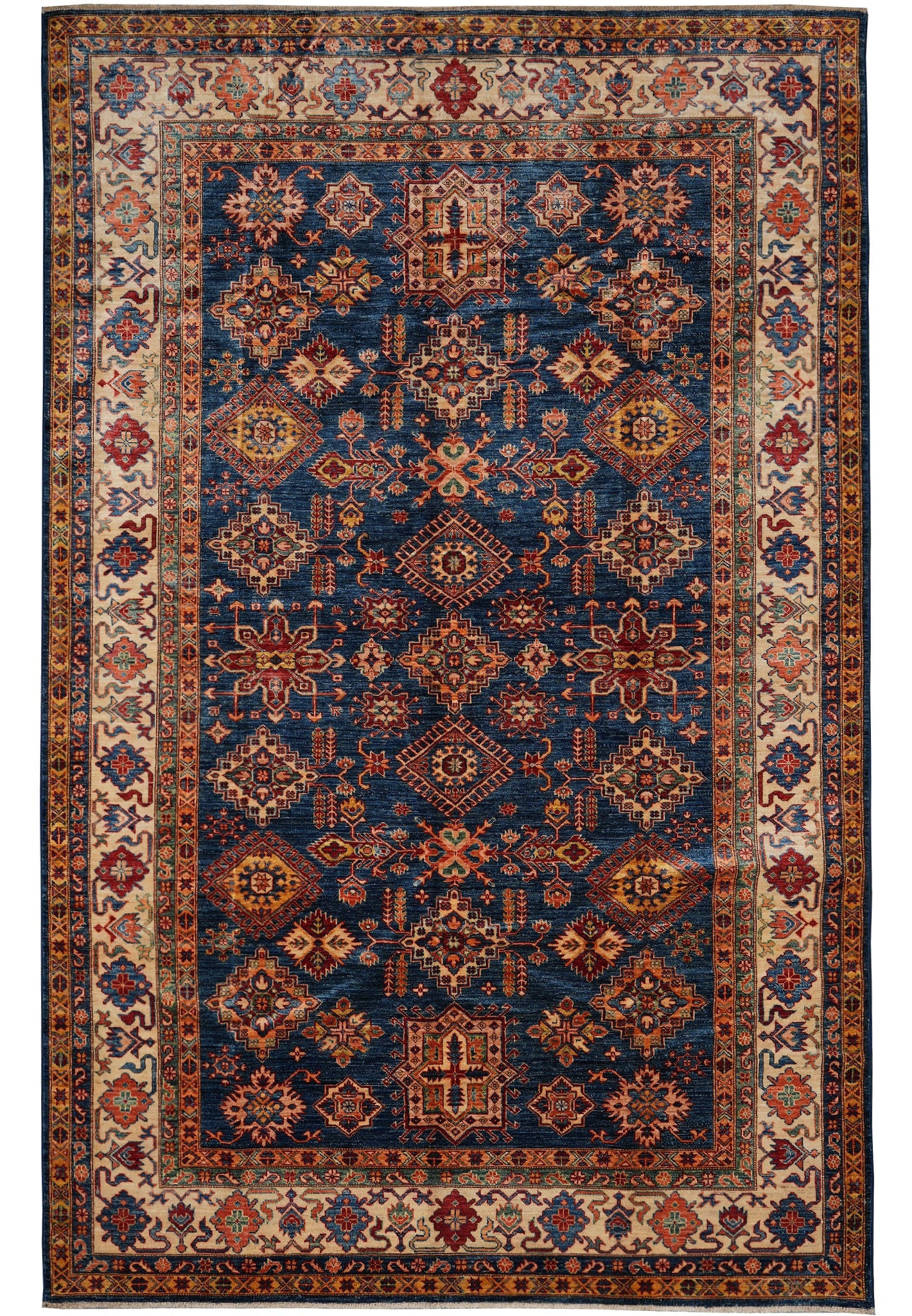 7 x 10 royal blue Super Kazak hand-knotted wool rug, top view