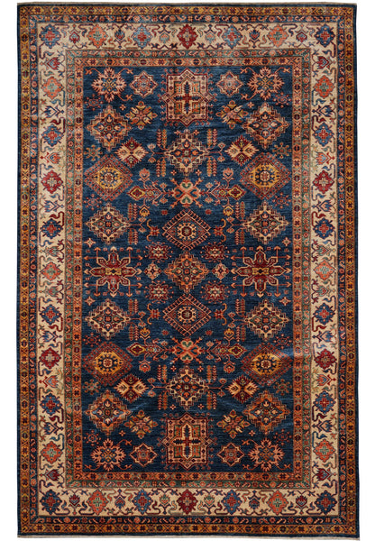 7 x 10 royal blue Super Kazak hand-knotted wool rug, top view