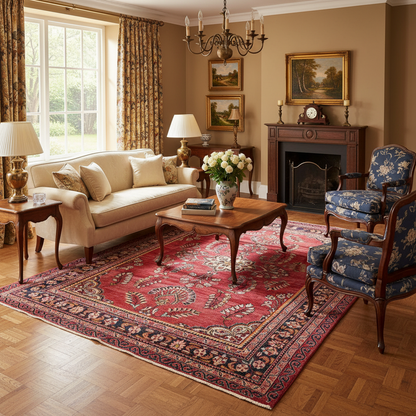 Vintage traditional floral rug visualized in a styled living room setting