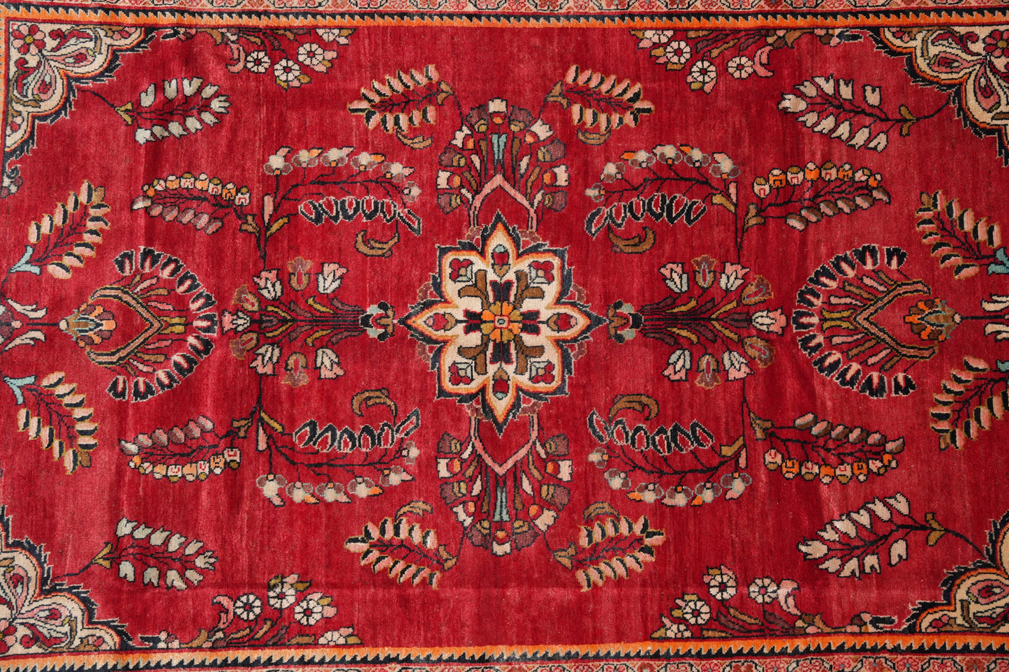 Vintage traditional floral rug, border pattern in navy and ivory