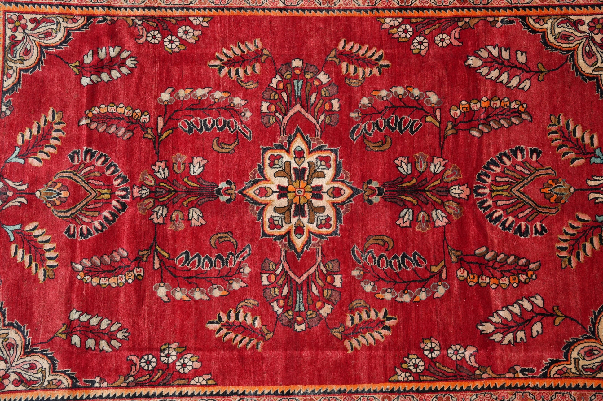 Vintage traditional floral rug, border pattern in navy and ivory
