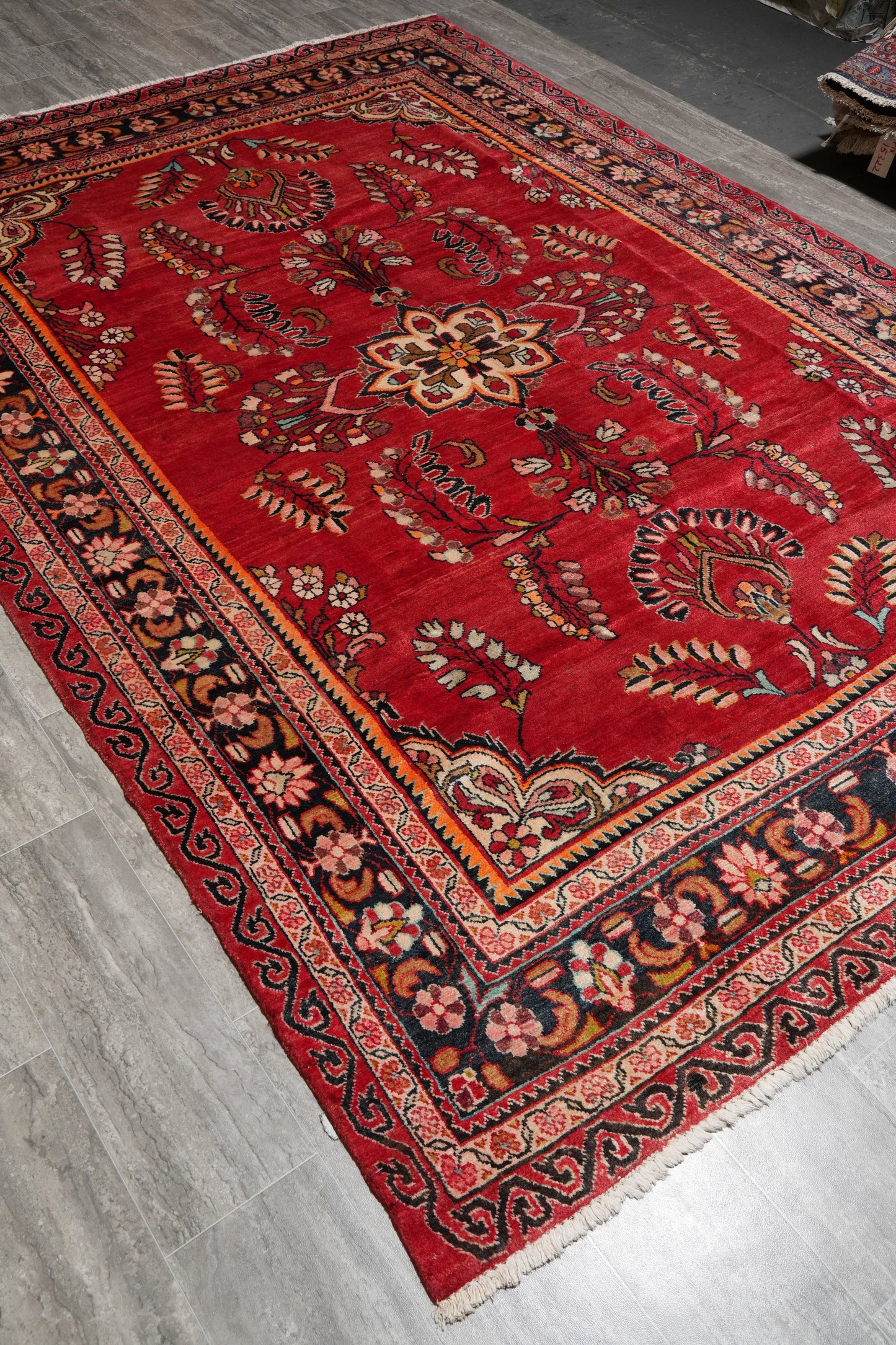 Vintage traditional floral rug, partial overhead view in natural light