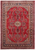 7 x 10 vintage traditional floral hand-knotted wool rug in red and ivory, top view