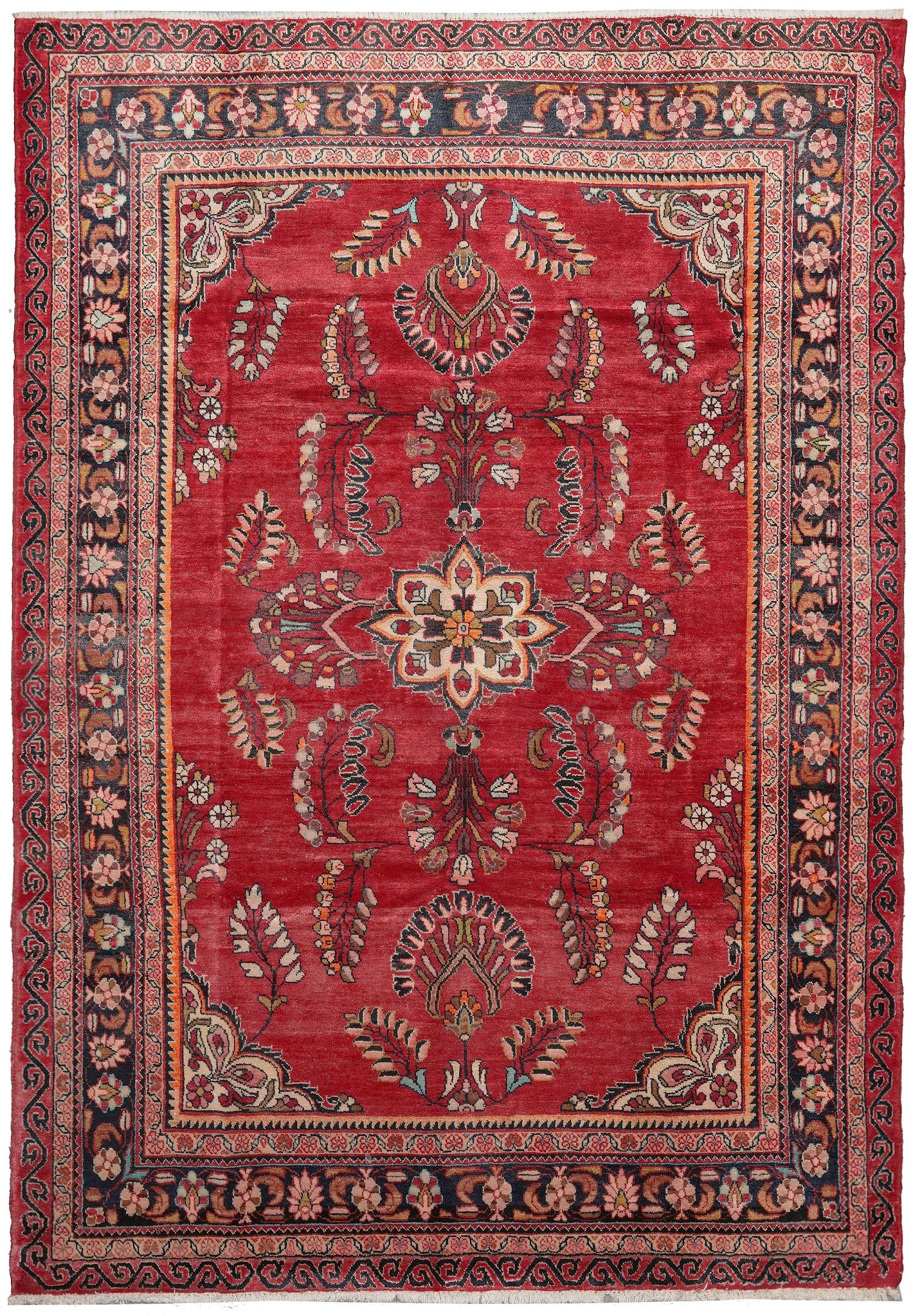 7 x 10 vintage traditional floral hand-knotted wool rug in red and ivory, top view