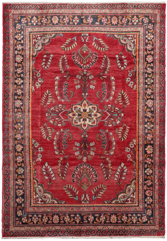 7 x 10 vintage traditional floral hand-knotted wool rug in red and ivory, top view