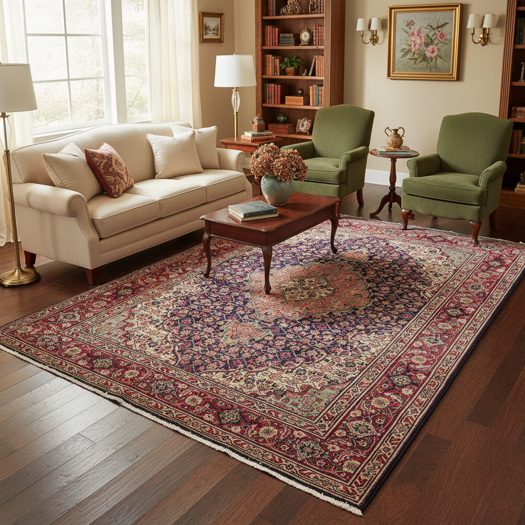 Tabriz-style Mahi rug, central medallion close-up with fish-and-vine motifs